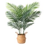 Ferrgoal Artificial Palm Trees 3.6 Ft Fake Areca Tree,Tropical Faux Palm Tree with 10 Trunks,Woven Seagrass Basket,Black Pot,Fake Dypsis Lutescens Tree for Home Indoor Outdoor Office