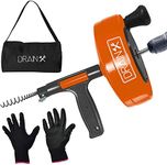 DrainX Power Pro 3/8" Dia Cable Steel Drum Auger 25-FT Plumbing Snake with Drill Attachment | Use Manually or Powered | Work Gloves and Storage Bag Included