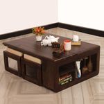 MORVINANDAN FURNITURE Wooden Coffee Table with 4 Stools | Centre Table for Living Room with Storage | Teapoy Tea Table | Rectangle | Sheesham Solid Wood | Finish: Brown