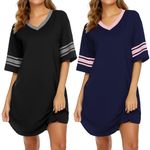 Ekouaer Nightgowns for Women 2 Pack Sleepshirts Short Sleeve Nightshirt V Neck Sleepwear Casual Pajama Dress,Black/Navy Blue,XXL