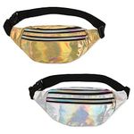 2 Pieces Holographic Fanny Packs, Shiny Neon Fanny Bag, Fanny Pack Holographic Belt Bags, Shiny Waist Bum Bag Waterproof for Travel, Sport, Gold, Silver