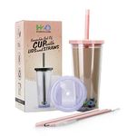 HYDRATE 2.ONE 700ml Iced Coffee Cup with 2 Lids, 1 Thick & 2 Thin Straws & 2 Brushes (NO Sleeve) | Reusable Travel Tumbler for Bubble Tea, Boba, Smoothie, Milkshake or Any Drinks (Pink)