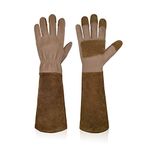 HANDLANDY Pruning Gloves Long for Men & Women, Pigskin Leather Rose Gardening Gloves - Breathable & Durability Gauntlet Gloves (Small, Brown)