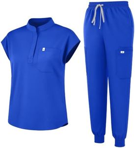 Eadflie Scrubs for Women Set - Stretch Medical Uniform Scrubs - Slim Fit Top & Cargo Pant Scrubs Set with 11 Pockets for Nurse Esthetician Workwear - (Royal Blue/2XL)