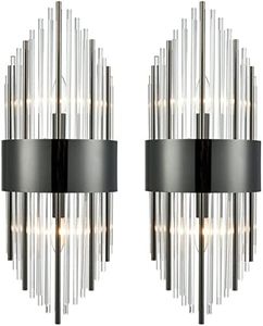 SAMTEEN Crystal Wall Sconces Set of Two Modern 2-Light Crystal Sconces Wall Lighting Black Glass Bathroom Wall Light Fixture for Hallway, Bedroom, Entryway, Foyer