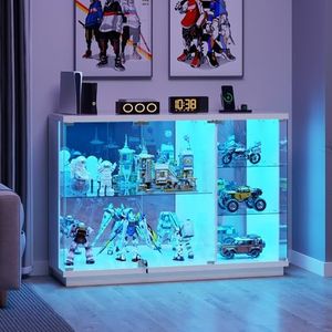 HNEBC Display Curio Cabinet - with Glass Door,47.2" W Lockable Glass Display Cabinet with LED Lights for Collectibles,5-Tier Lighted Display Case with Motion Sensor,Living Room,White