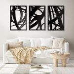 WINUSD 3Pcs 23 * 15in Abstract Black Metal Wall Art, 3D Textured Metal Artwork for Wall, Modern Hollow Out Design Metal Wall Sculptures, Metal Wall Art for Living Room, Office, Restaurant