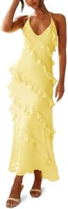 Wenrine Womens Sexy Chiffon Halter Maxi Dress Sleeveless Backless Ruffle Tassel Party Club Dresses, Yellow, Small