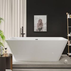 GarveeTech 59" Acrylic Freestanding Bathtub,Contemporary Square Shape Soaking Tub With Chrome Drain and Minimalist Linear Design Overflow, Easy to Install,Cupc Certified,Glossy White