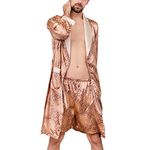 Lu's Chic Men's Satin Pajama Set Silk Bathrobe Shorts Long Sleeves Pockets Soft Kimono Robe Set Golden US 2XL (Tag5XL)