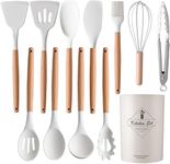 ALLWIN HOUSEWARE W 12 Pcs Silicone Cooking Kitchen Utensils Set With Holder Heat Resistant Silicone Spatula Turner Set Wooden Spoons Kitchen Gadgets Tools Cooking Utensils For Nonstick Cookware