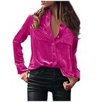 Cenlang Women Retro Velvet Long Sleeve Button Down Shirt V Neck Work Dresses Boyfriend Tunic Solid Color Casual Blouse Tops Hot Pink