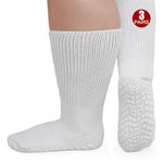 ZFSOCK Diabetic Socks for Men Non-slip: Extra Wide Soft Top for Swollen Feet Ankles Leg Hospital Socks with Grips Non-Binding Gentle Grip Non-Elastic Loose Fitting Edema Socks White 3 Pairs 12-14