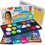 Blue Squid Body Crayon Sticks & Face Paint Kit Bundle - 18 XL Crayons & Markers for Skin & 18-color Face Painting Kit for Kids with 24x Stencils, Brushes, and Design Book, Ideal for Toddlers & Parties