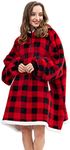 HBlife Oversized Wearable Blanket Hoodie for Adult, Thick Sherpa Sweatshirt with Elastic Sleeves and Giant Pockets Super Warm and Cozy Fuzzy Plush Fleece Blanket Jacket, Red Plaid