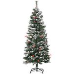 HOMCOM 5 Ft Snow Dipped Artificial Christmas Tree Slim Pencil Xmas Tree with Realistic Branches, Pine Cones, Red Berries, Auto Open, Green