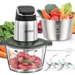 Ganiza Food Processor, Meat Grinder Food Chopper with 8-Cup Stainless Steel & Glass Bowls, 2-Speed Pure Copper Motor & Overheat Protection Light - Includes Cleaning Brush, 2 Sets of Bi-Level Blades