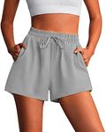 PINSPARK Womens Quick Dry Running Shorts High Waisted Athletic Short Active Wear with Mesh Panty Liner Zip Pockets, Light Grey, Medium