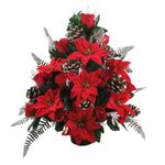 Christmas Tall Flat back artificial flower arrangement in grave pot/vase 38cm with poinsettias, roses and pine cones