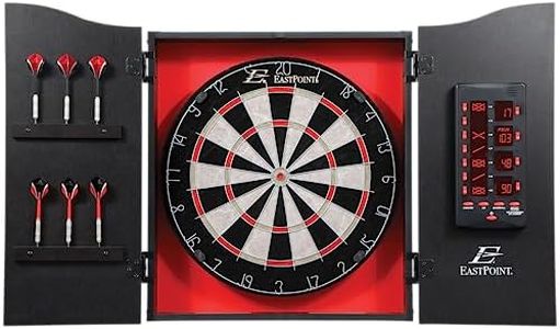 EastPoint Sports Tournament Bristle Dartboard and Easy Hang Cabinet with Electronic Scoreboard and 6 Steel Tip Darts