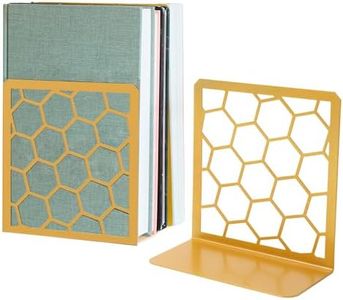 Premium Geometric Gold Honeycomb Bookends for Shelves, Metal Book Ends for Office, L-Shaped Book Stopper, Rustproof Bookends Decorative Unique for Home, 6.25 (L) x 6 (W) inches, 1 Pair - Geomod