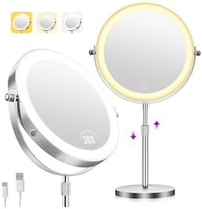 Zlroluyn 1X/30X Makeup Mirror with Lights, Brightness Adjustable with 3 Colors, Double Sided Magnifying Mirror with 360° Rotation, Lighted Makeup Mirror with Magnification, Ideal Gift for Women