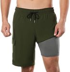 BRISIRA Mens Swim Shorts Swim Trunks 9 inch Bathing Suits Swimsuit Board Compression Liner Quick Dry ArmyGreen