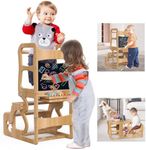 HaoZuop Toddler Tower Kitchen Stool Helper for Toddlers 1-3, Learning Wooden Tower with Chalkboard, 4 in 1 Children's Step Stool for Kids, Free Hands, Easy Assembly