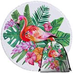 Sleepwish Tropical Floral Flamingo Round Beach Towel and Drawstring Backpack Set Terry Beach Roundie Blanket with Fringe Large Circle Yoga Mat (Green Palm Trees, 60")