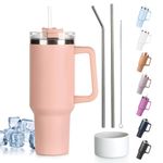 Tuocal 40oz Tumbler with Straw Lid and Handle + 2 Stainless Steel Straws + Silicone Boot, 1180 ml Double Wall Vacuum Insulated Cup, Car Coffee Mug, Travel Water Bottle for Hot Iced Coffee, Light Pink