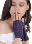 GSG Women Fingerless Driving Gloves Geniune Leather Biker Gloves Unlined Half Finger Purple Medium