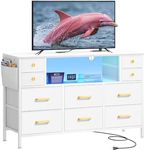 YITAHOME TV Stand with Charging Station, Dresser TV Stand for 55'' TV, 10 Drawer Dresser for Bedroom, Media TV Console Table with Side Pockets & Hooks, Storage Fabric Drawer Unit for Bedroom, White