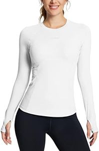 BALEAF Women's Long Sleeve Workout Tops Compression Running Shirts Fitted Athletic Warm Thumbholes Quick Dry Stretch Yoga White L