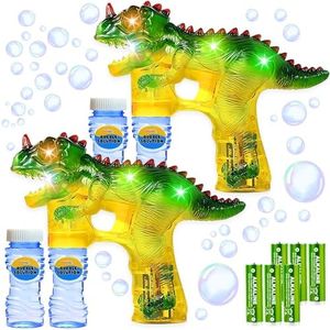 Haktoys Jurassic Dinosaur Light Up Bubble Gun Shooter (2-Pack) Lights, Extra Refill Bottles, Sound-Free (Complementary Batteries Included) Bubble Blower for Toddlers, Kids, Parties