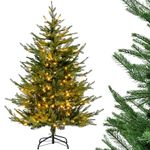 COSTWAY 4.5FT/6FT Pre-Lit Christmas Tree, Hinged Artificial Xmas Trees with Warm White LED Lights, 8 Lighting Modes, PE & PVC Branch Tips, Xmas Holiday Decor for Home Office (4.5FT, with 180 Lights)