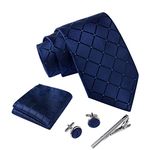 Men's Tie - Set in Gift Box (incl. Necktie, Clip, Handkerchief and Cufflinks) (Navy Blue Square)