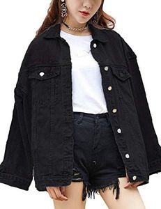 Omoone Women's Oversized Mid Long Denim Jacket Jean Biker Coat (0199-Black-XL)