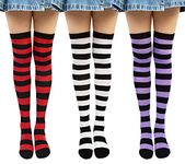 3 Pairs Women Striped Thigh Socks Knee High Sock Ladies Over Knee Long Boot Stocking for Girls Leg Warmer High Socks Casual for Daily Wear Cosplay One Size Purple Red Black