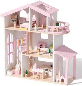 WOODENFUN Wooden Dollhouse for Girls, Doll House with 5 Rooms Play Toys