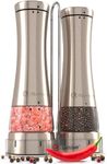 iSottcom Electric Salt and Pepper Grinder Set - Premium Stainless Steel Set of 2 with Stand - Salt & Pepper Shakers for Coarse Seasoning - Battery Powered Spice Mills with Light