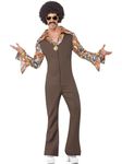 Smiffys Groovy Boogie Costume, Brown Jumpsuit with Attached Shirt, 1970's Disco Fancy Dress, Adult Dress Up Costumes