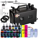 OPHIR Double Outlet Airbrush Kit with Compressor, 1/6 HP Airbrush Compressor with 1L Air Tank, 2x Airbrushes, 12 Colors of Air Brush Paint Set, 5x Cleaning Brush for Model Hobby Craft Painting