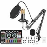 Podcast Equipment Bundle with Audio Interface,F999 Voice Changer, Condenser Karaoke Microphone, Mic Stand and Mic Pop Filter,Streaming Podcast Mic Starter Kit DJ Audio Mixer for Podcast and Live