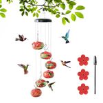 Hand Blown Glass Hummingbird Feeder - Unique Wind Chime Design Hummingbird Feeders for Outdoors Hanging Ant and Bee Proof, Perfect Gardening Gift and Home Decoration - Red