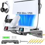 PS5 Wall Mount Kit with 3-level Cooling Fan and Dual Charging Station, PS5 Shelf Mount Compatible with Playstation 5 Disc & Digital, PS5 Cooling Station for PS5 Accessories with Headset Holder