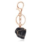 Jovivi Natural Quartz Crystal Stone Keychain Wire Wrapped Reki Healing Real Raw Gemstone Keyring for Women, Black Obsidian, Medium