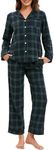 LUBOT 100% Cotton Pajamas for Women 2PC PJ Set Soft Pajama Set Woven Long Sleeve Button-Down Two Piece Printed Sleepwear Loungewear Set (Green Blue Plaid, 2XL)