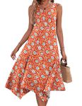 Hotouch Long Boho Maxi Dress for Women Tank Crew Neck Asymmetrical Hem Ruffle Floral Print Dresses Summer Beach Flowy Dress Orange XX-Large