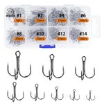 UCEC Fishing Hooks Treble Hooks Kit for Saltwater Freshwater, High Carbon Steel Hooks Strong Sharp Round Bend for Catfish Trout Hard Baits Lures Fishing, Size 1# 2# 4# 6# 8# 10# 12# 14#, 110pcs/Box