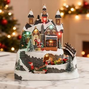 Vigdur Christmas Village Houses - Animated Xmas Village with Colorful Lights & 8 Christmas Music, Rotating Train, Adapter & Battery Powered Collectible Buildings for Home